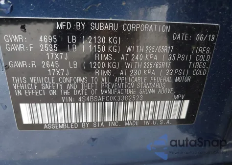 2019 Subaru Outback 2.5I Premium из США, поврежденный, VIN 4S4BSAFC0K3382523